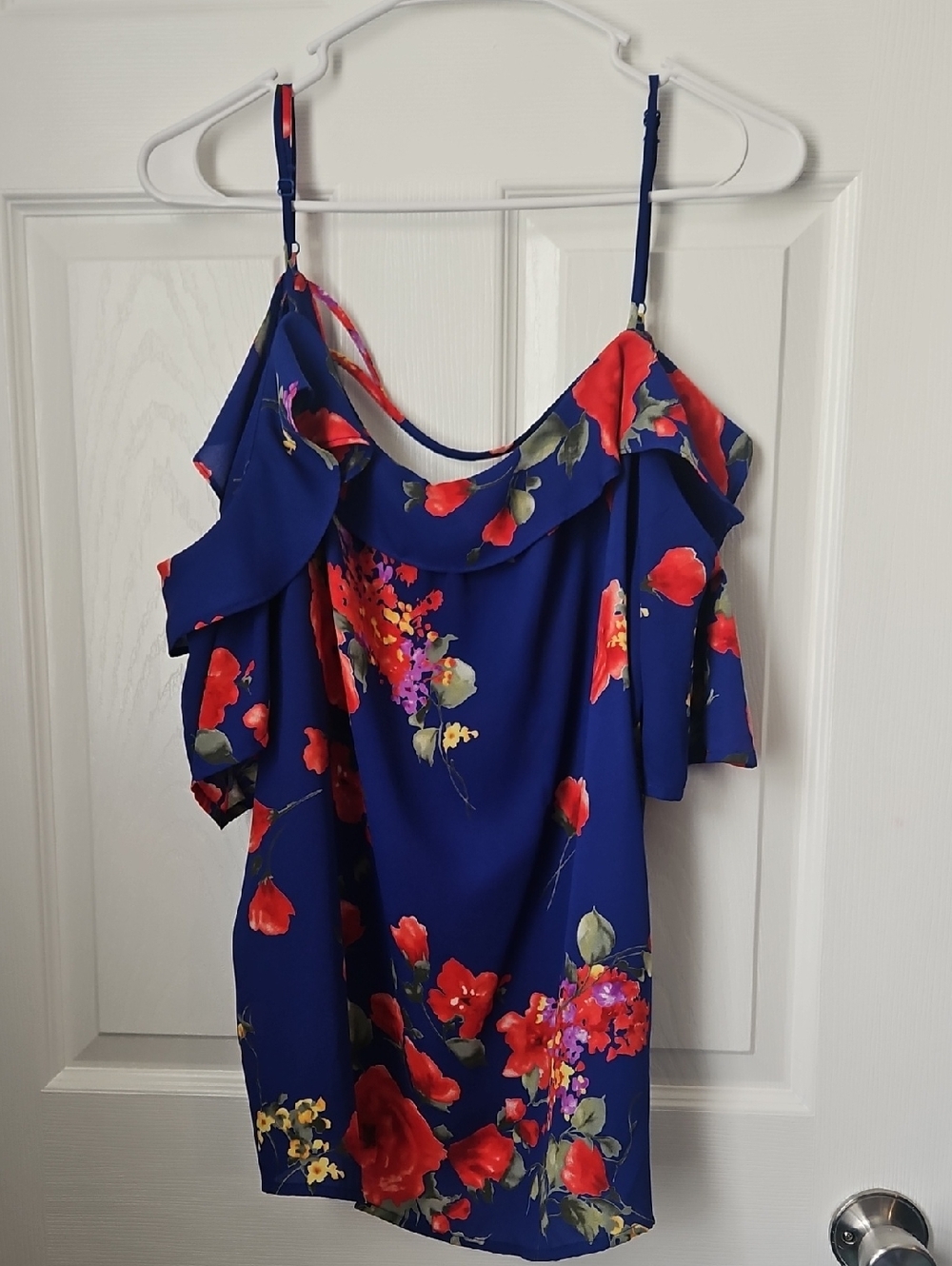 Skies Are Blue Royal Blue Floral Cold-Shoulder Blouse